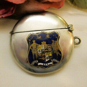 EDWARDIAN Nickel Silver Vesta Case: ANTIQUE Irish Heraldic Crest Match Safe